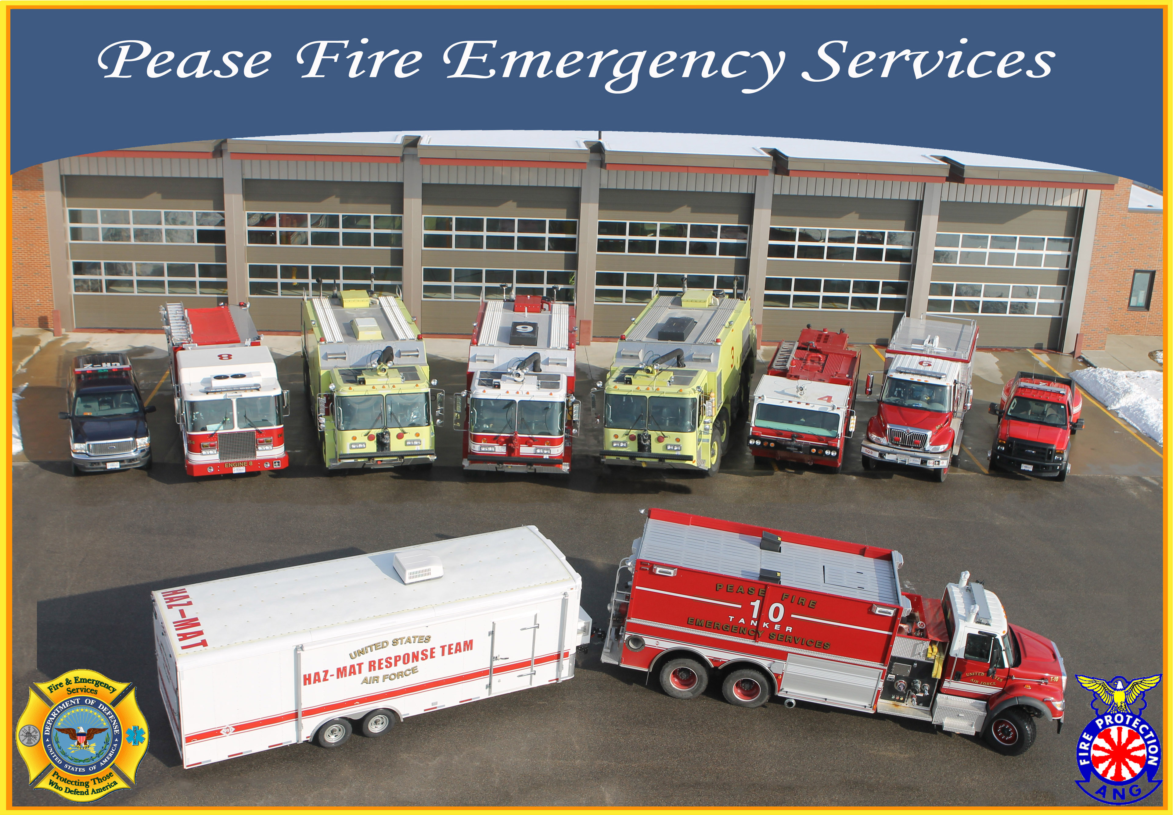 Aerial photo of the Pease Fire Emergency Services firetrucks